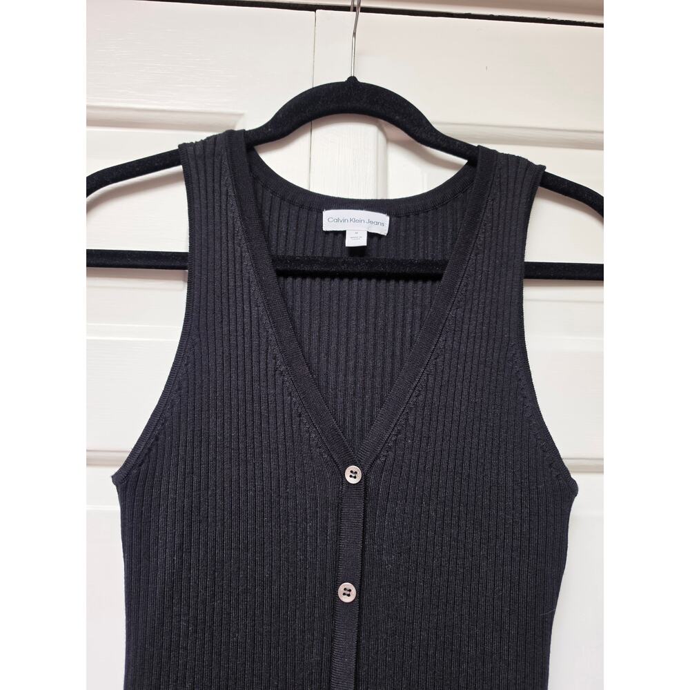 Calvin Klein Black Ribbed Midi Dress Medium Sleeveless V-Neck Bodycon - Picture 5 of 9